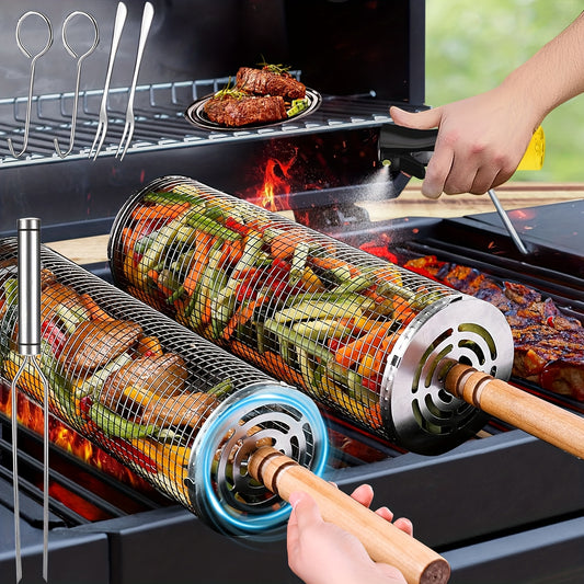 2 Sets Stainless Steel BBQ Grill Baskets with Removable Wooden Handles