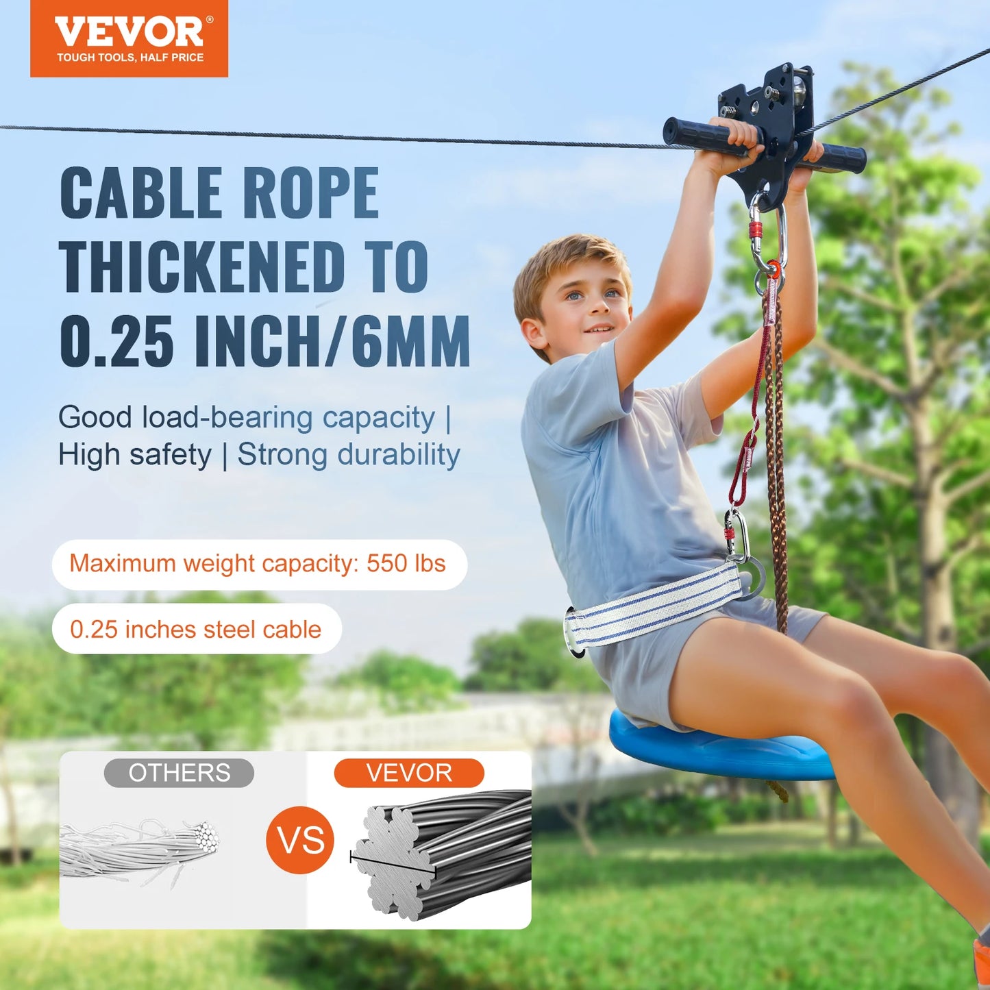 VEVOR 60/80/100/120 FT Zipline Kit Up to 500 lbs