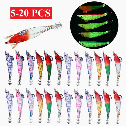 5-20pcs Luminous Wood Shrimp Simulation Fake Crankbait Fishing Lures Artificial Bait Luminous Bait Squid Hook Wood Shrimp Lures