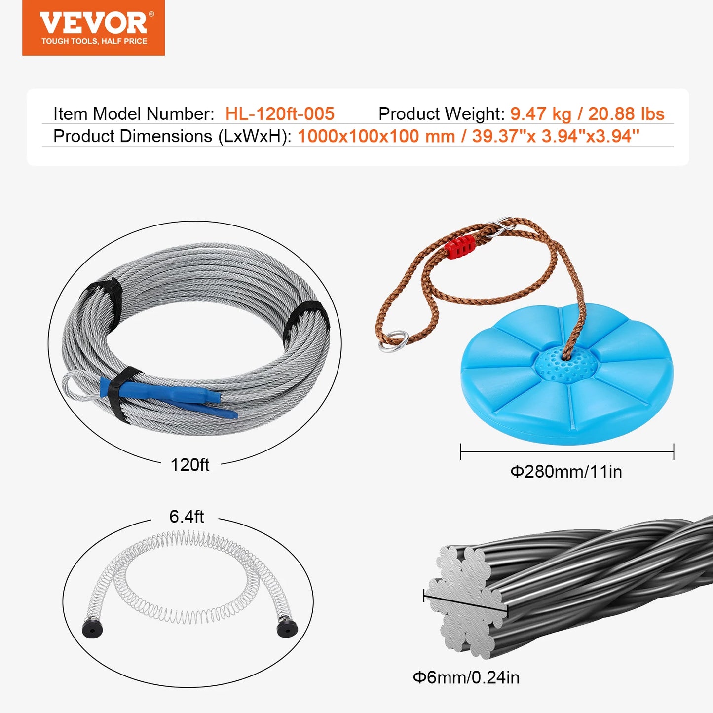 VEVOR 60/80/100/120 FT Zipline Kit Up to 500 lbs