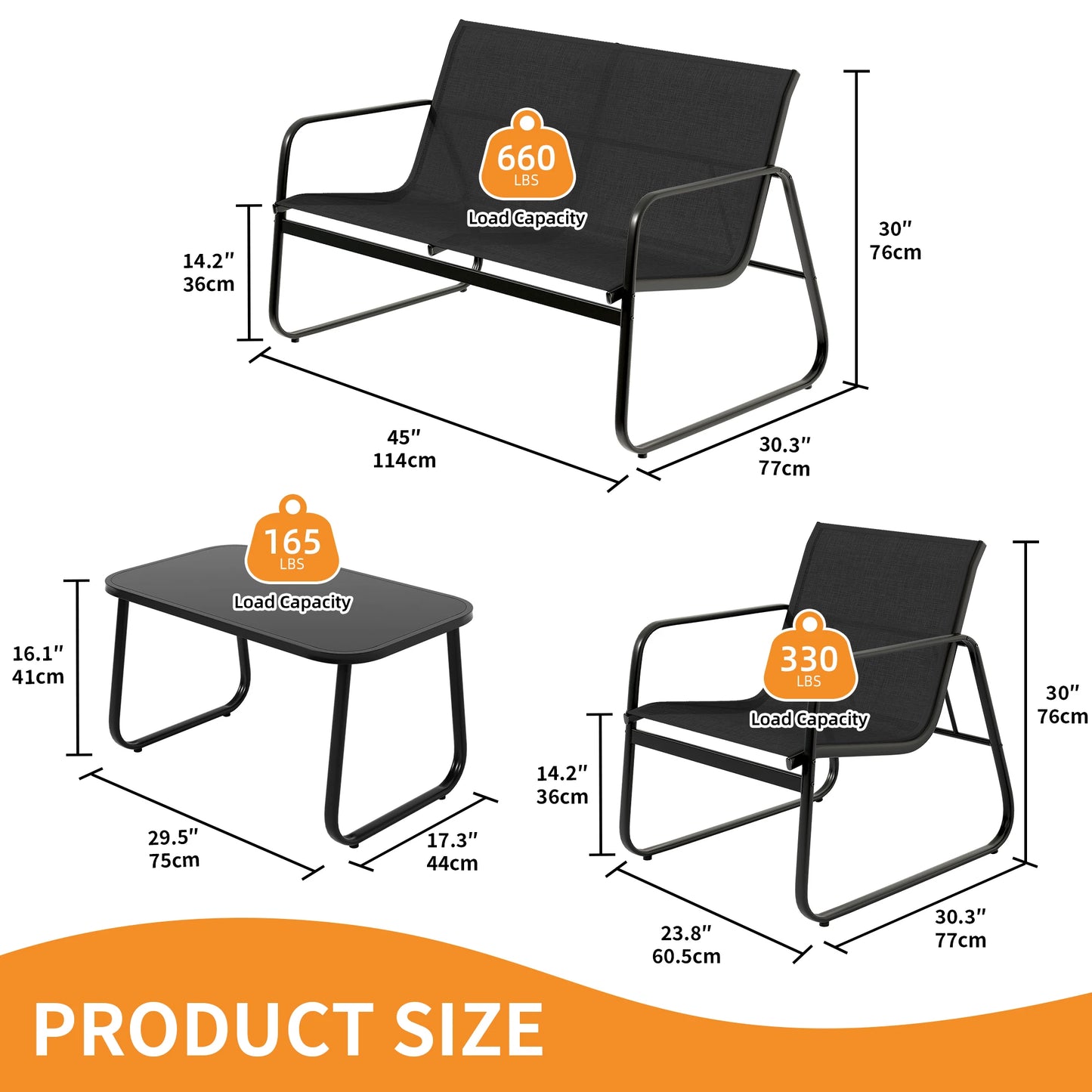 4 Pieces Outdoor Furniture Set Patio Textilene Steel Conversation Set with Loveseat Tea Table