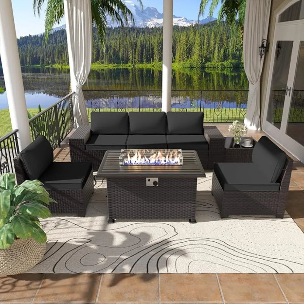 7 Pieces Outdoor Patio Furniture Set with Propane Fire Pit