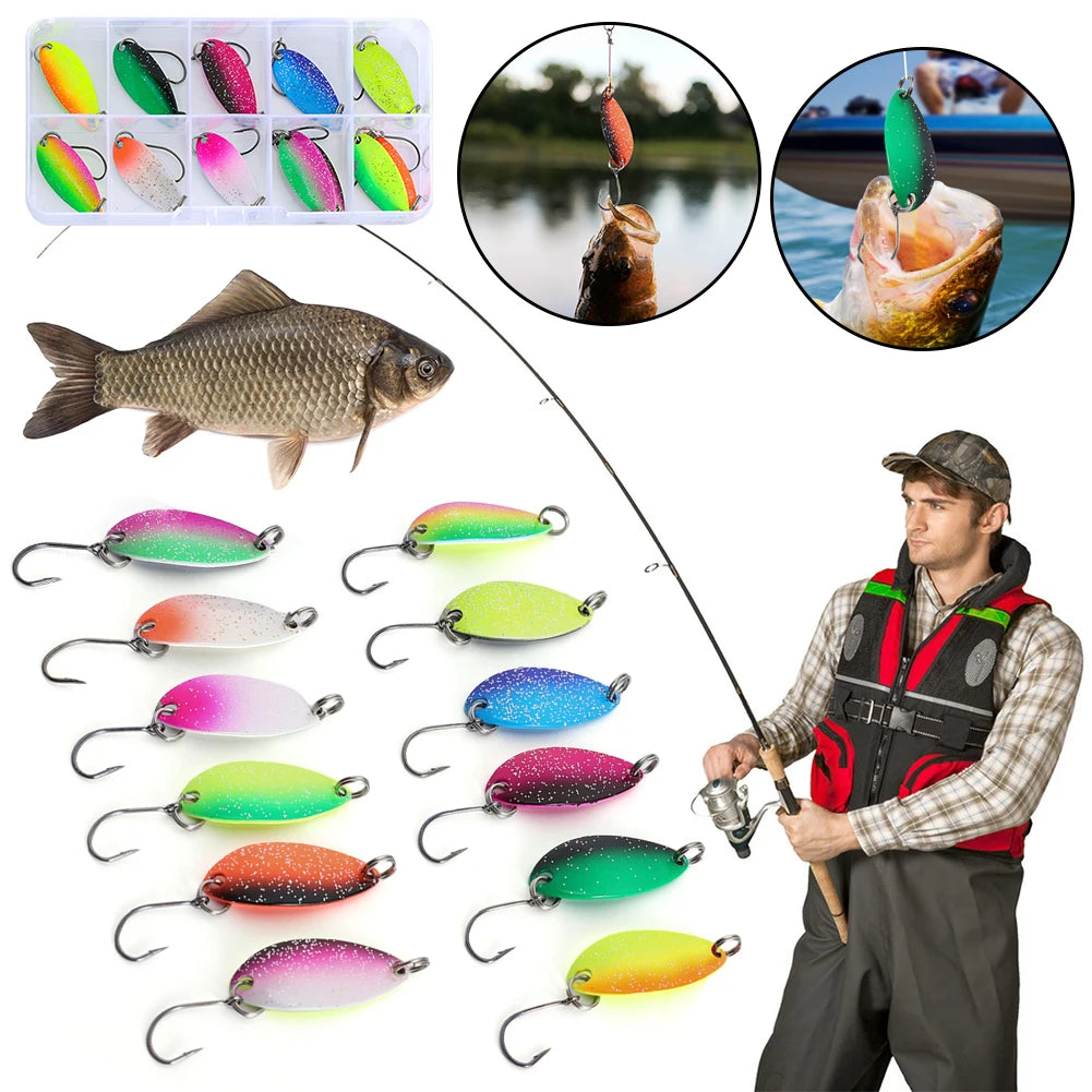 12Pcs Trout Spoon Set with Single Hook Artificial Trout Spinner Lure Metal Spinner Spoon Fake Trout Bait for Pike Perch Salmon