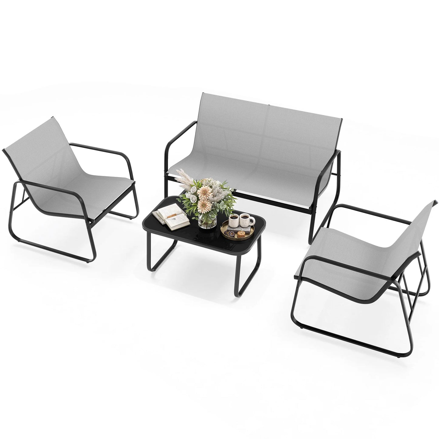 4 Pieces Outdoor Furniture Set Patio Textilene Steel Conversation Set with Loveseat Tea Table