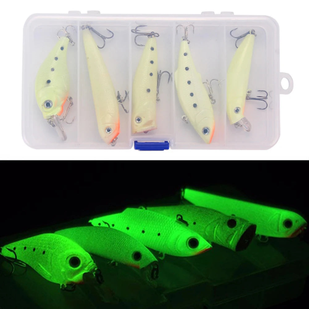 5 Pcs/Set Fishing Lures Bass Fishing Trout Fake Fish with Lure Box Luminous Crankbait Minnow Bait VIB Wobbler for Night Fishing