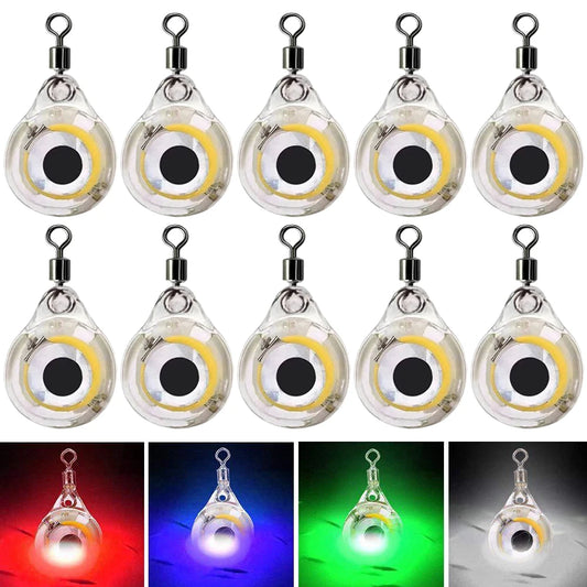 10Pcs Fishing Lure Light Mini Eye Shape Underwater Night Light Lure Battery Powered Lighted Flasher Bait for Attracting Fish