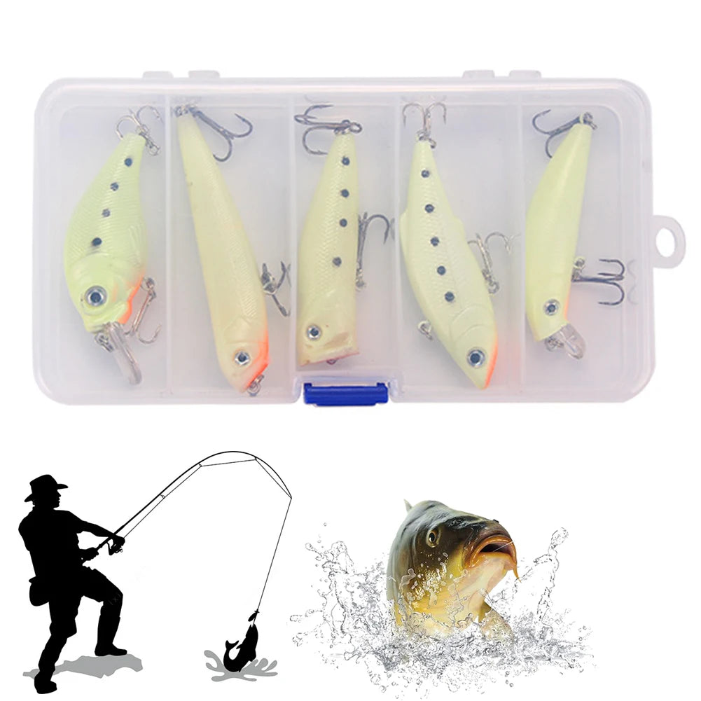 5 Pcs/Set Fishing Lures Bass Fishing Trout Fake Fish with Lure Box Luminous Crankbait Minnow Bait VIB Wobbler for Night Fishing