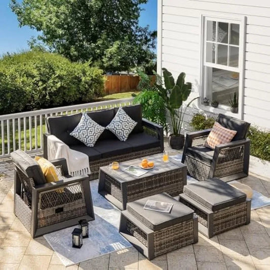 Outdoor Furniture Set, 6 Pcs Patio Furniture Set with Aluminum Frame, Wicker Recliner Chairs with Ottomans