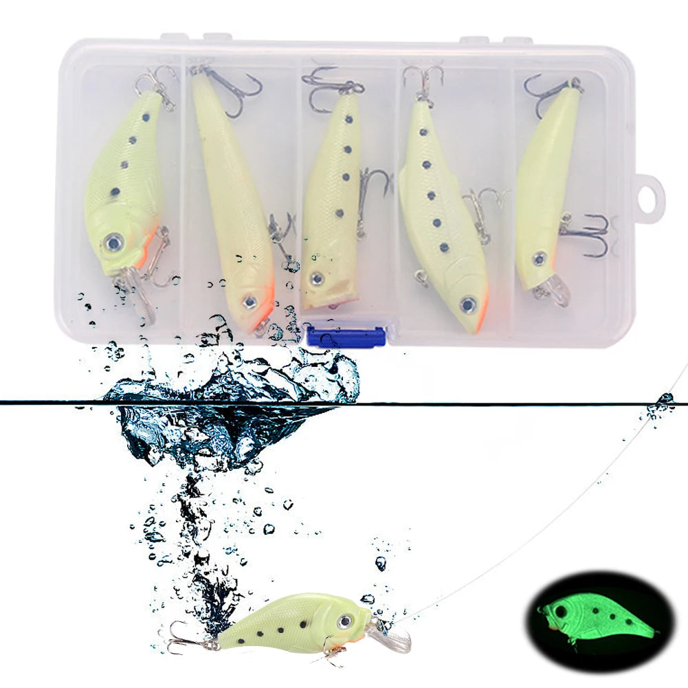 5 Pcs/Set Fishing Lures Bass Fishing Trout Fake Fish with Lure Box Luminous Crankbait Minnow Bait VIB Wobbler for Night Fishing