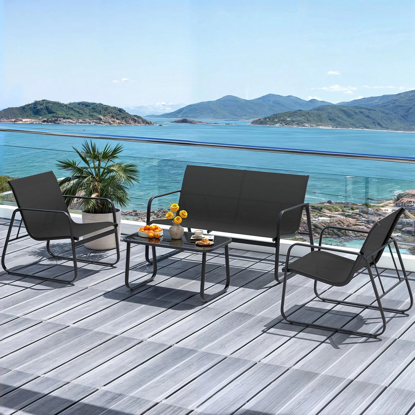 4 Pieces Outdoor Furniture Set Patio Textilene Steel Conversation Set with Loveseat Tea Table