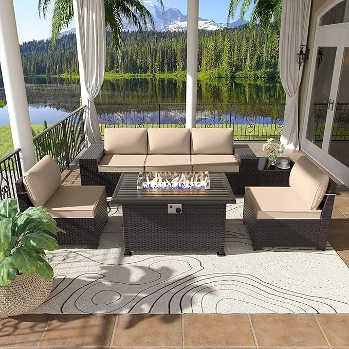 7 Pieces Outdoor Patio Furniture Set with Propane Fire Pit