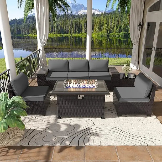 7 Pieces Outdoor Patio Furniture Set with Propane Fire Pit