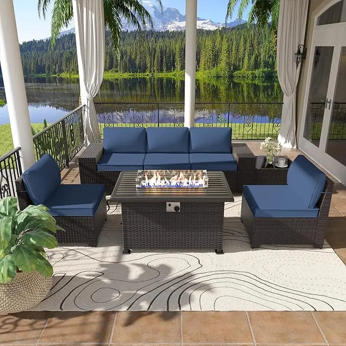 7 Pieces Outdoor Patio Furniture Set with Propane Fire Pit