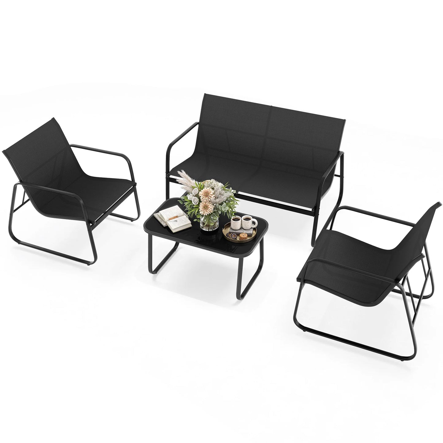 4 Pieces Outdoor Furniture Set Patio Textilene Steel Conversation Set with Loveseat Tea Table