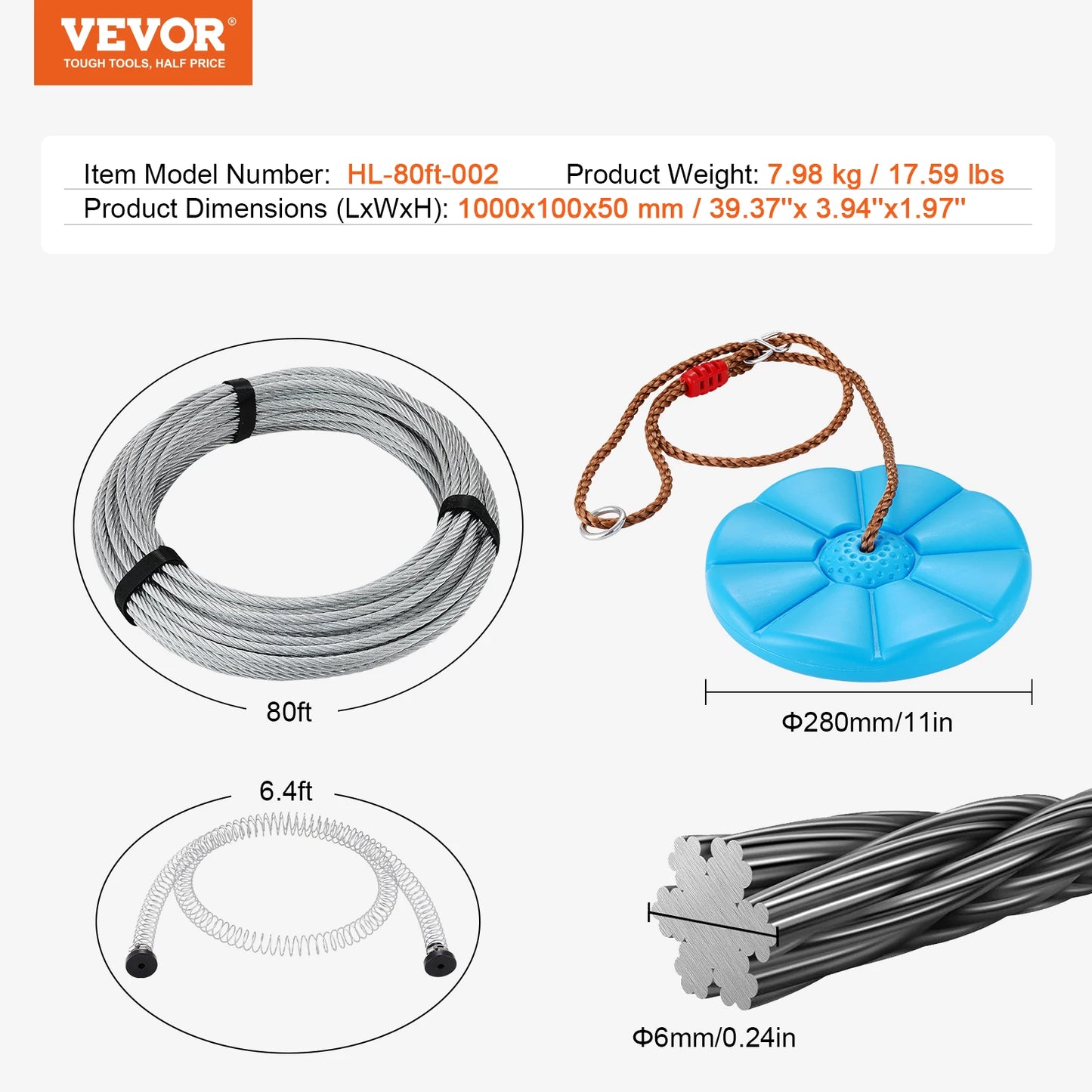 VEVOR 60/80/100/120 FT Zipline Kit Up to 500 lbs