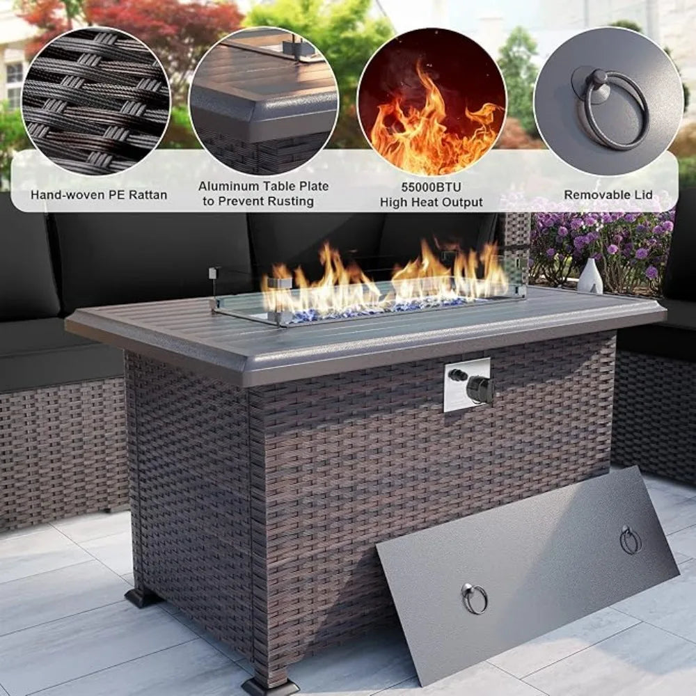 7 Pieces Outdoor Patio Furniture Set with Propane Fire Pit