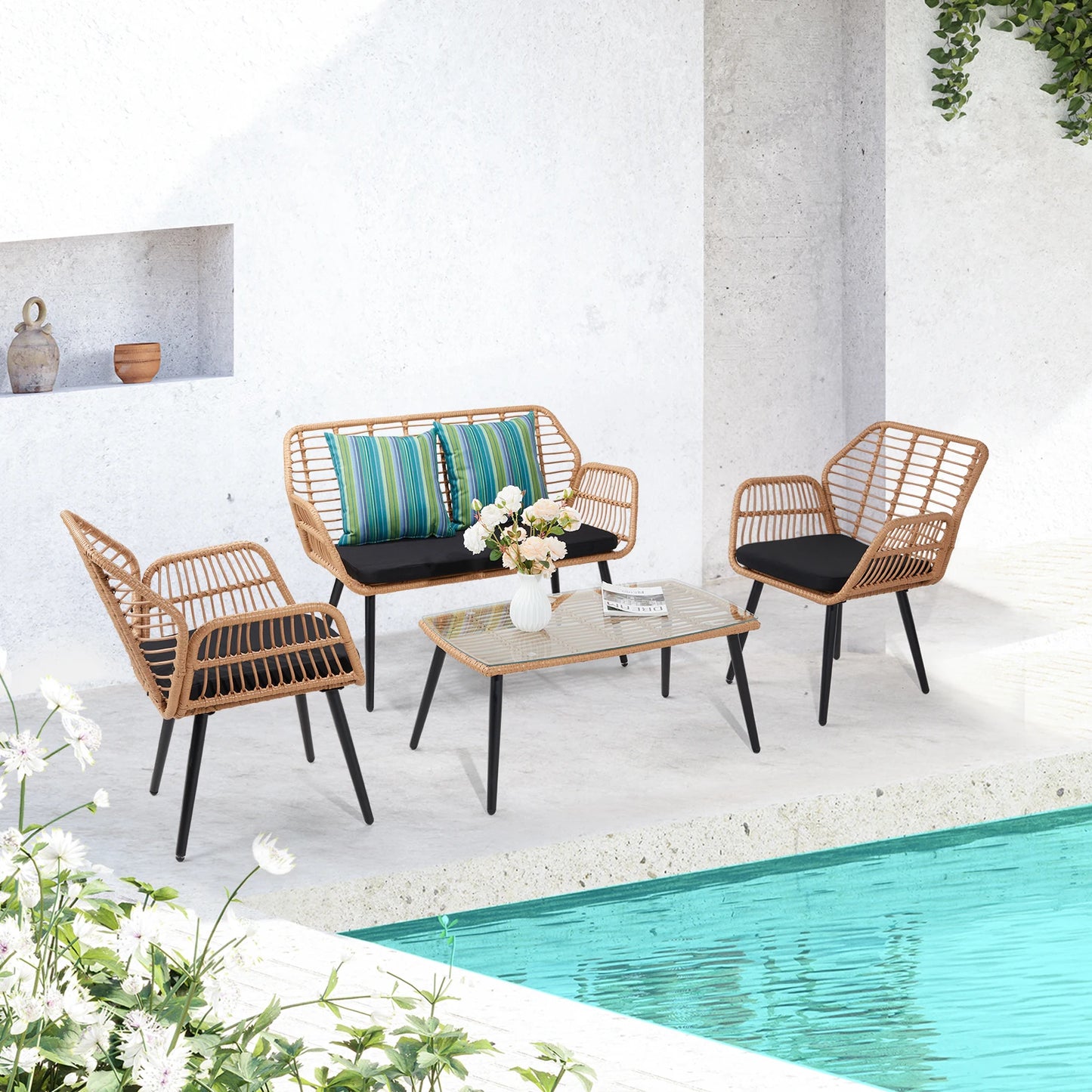 4 Pieces Patio Furniture Set Sofa Chair PE Rattan Wicker Outdoor Poolside Yard